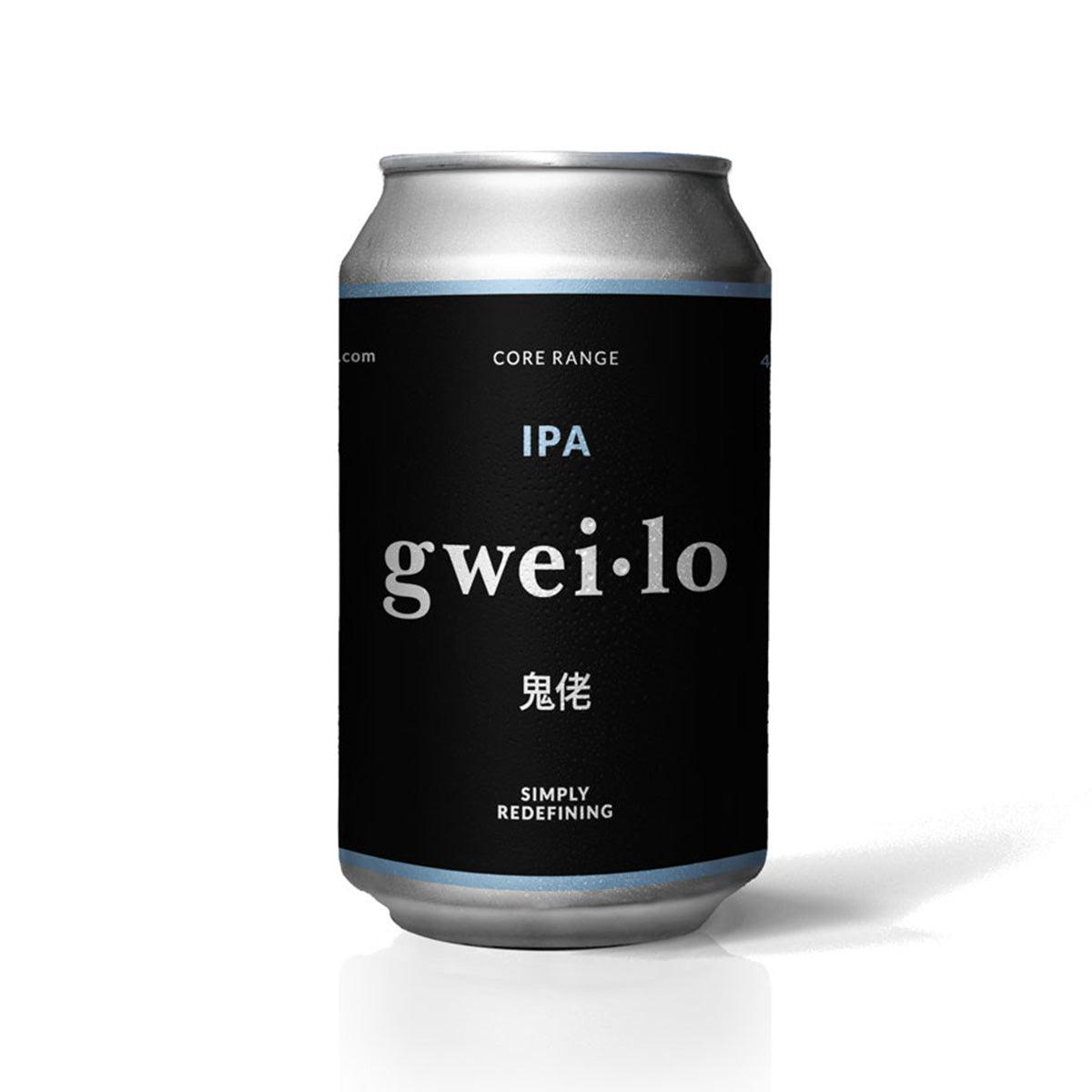 Black IPA beer can with blue band, gwei:lo logo and silver top