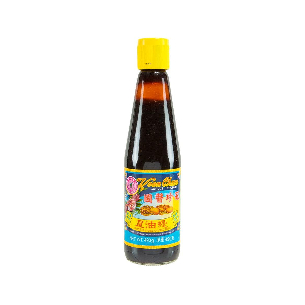 KOON CHUN oyster-flavoured sauce bottle with yellow cap, dark brown liquid, 555g