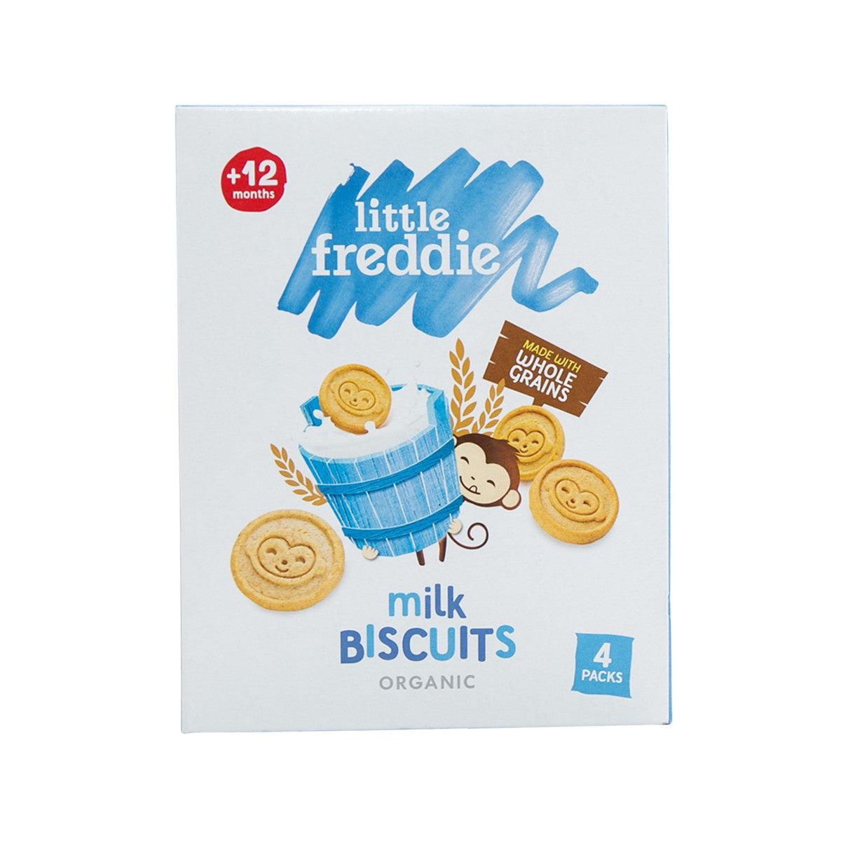 Organic milk biscuit box for babies, with monkey and cookie illustrations