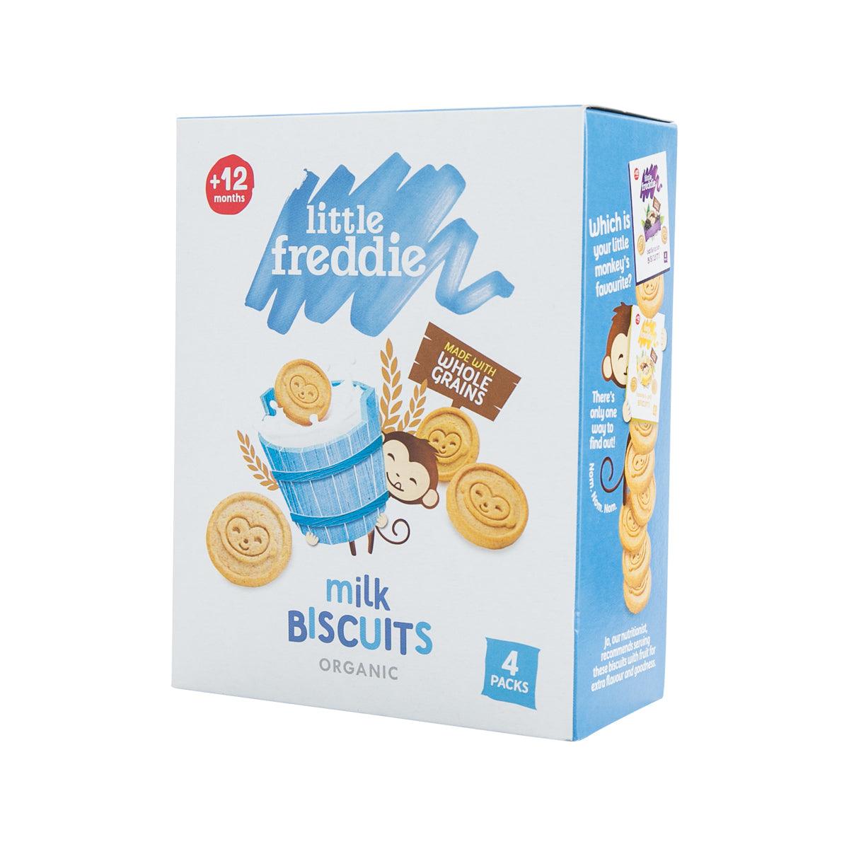 Organic milk biscuits box, shown from the side with cookie and monkey graphics