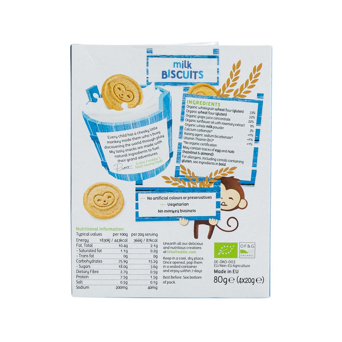 Back of organic milk biscuits box with ingredients and nutrition information panel