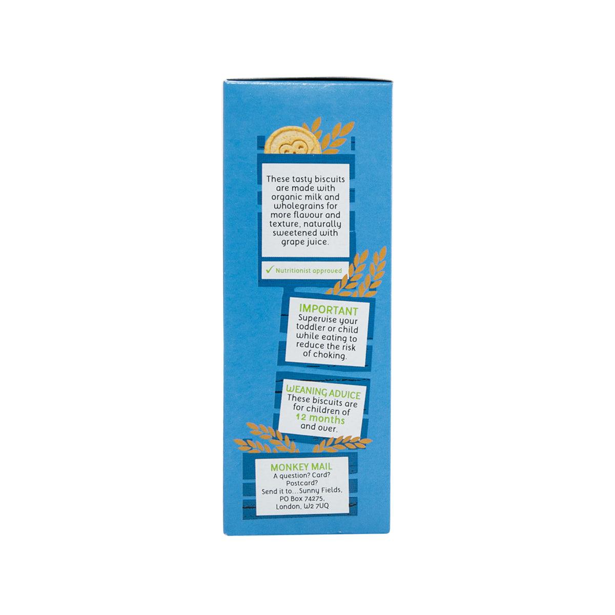 Back panel of organic milk biscuits box with serving and warning text blocks