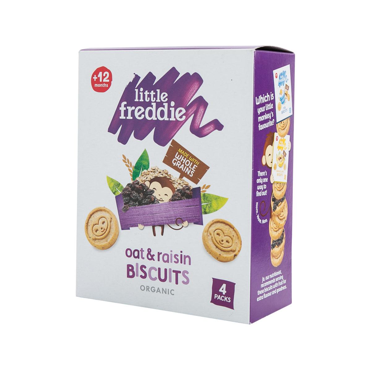 LITTLE FREDDIE oat & raisin biscuits box, side panel view, organic 4 packs