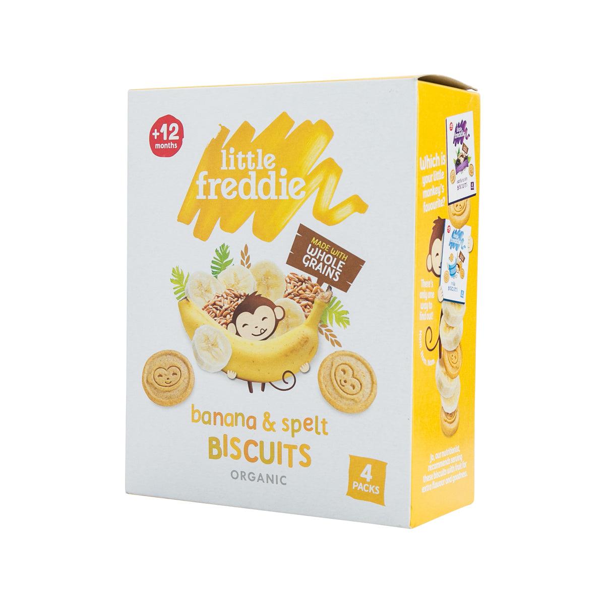 Organic banana & spelt biscuits box side, 4-pack, with banana graphic