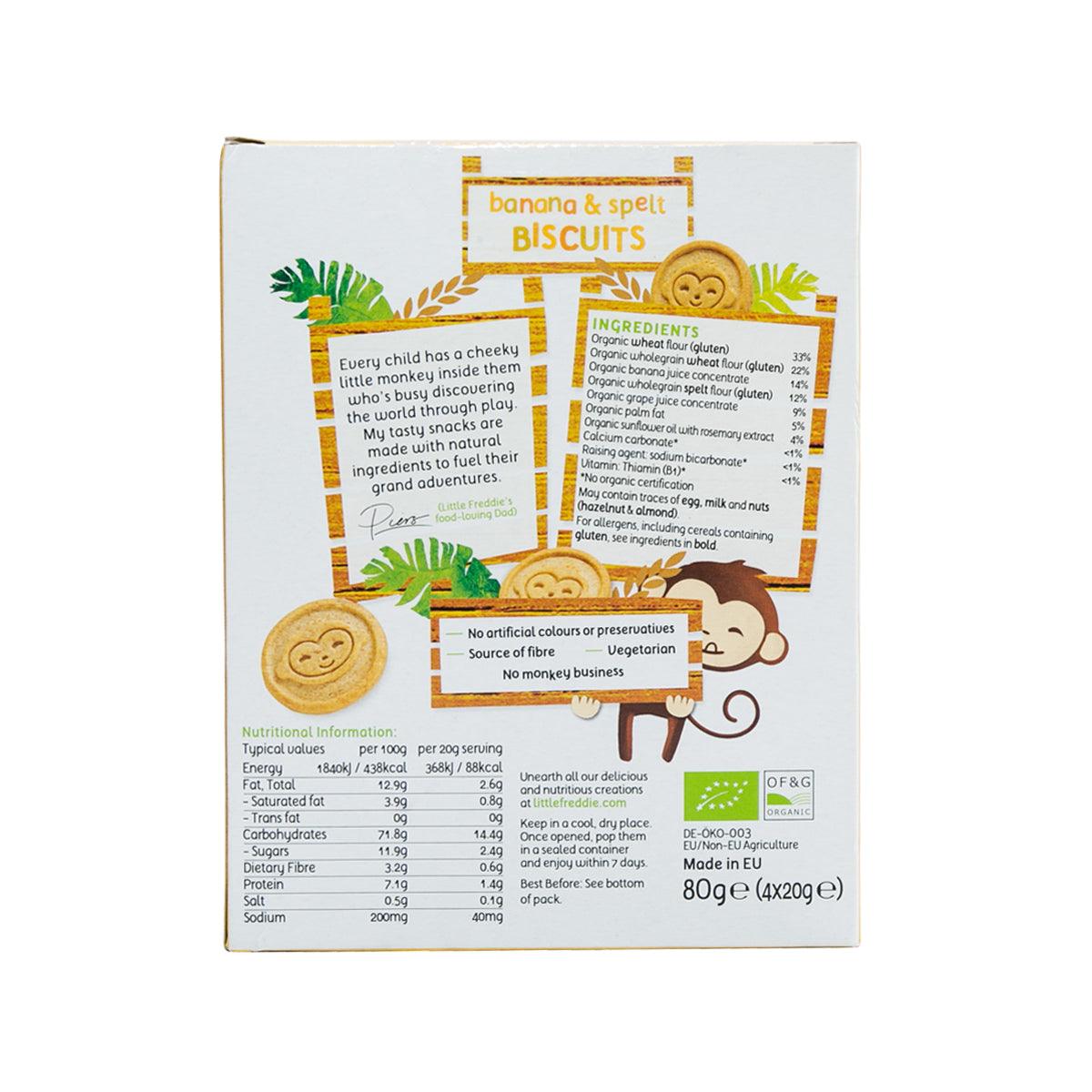 Organic banana & spelt biscuits box back with ingredients and nutrition info