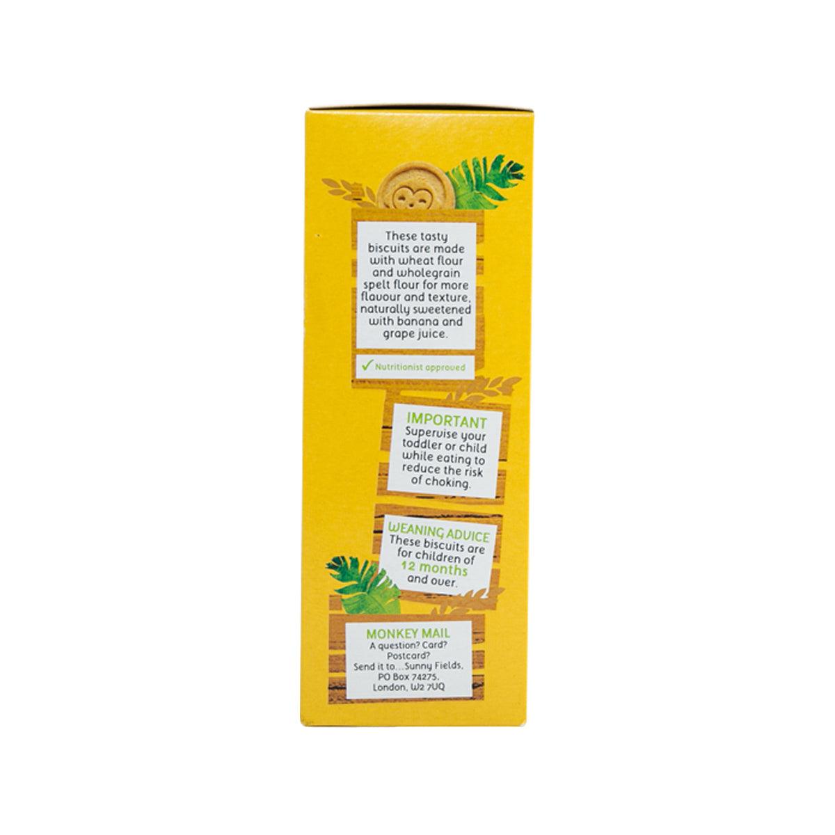Organic banana & spelt biscuits box side with care, allergy, and feeding advice