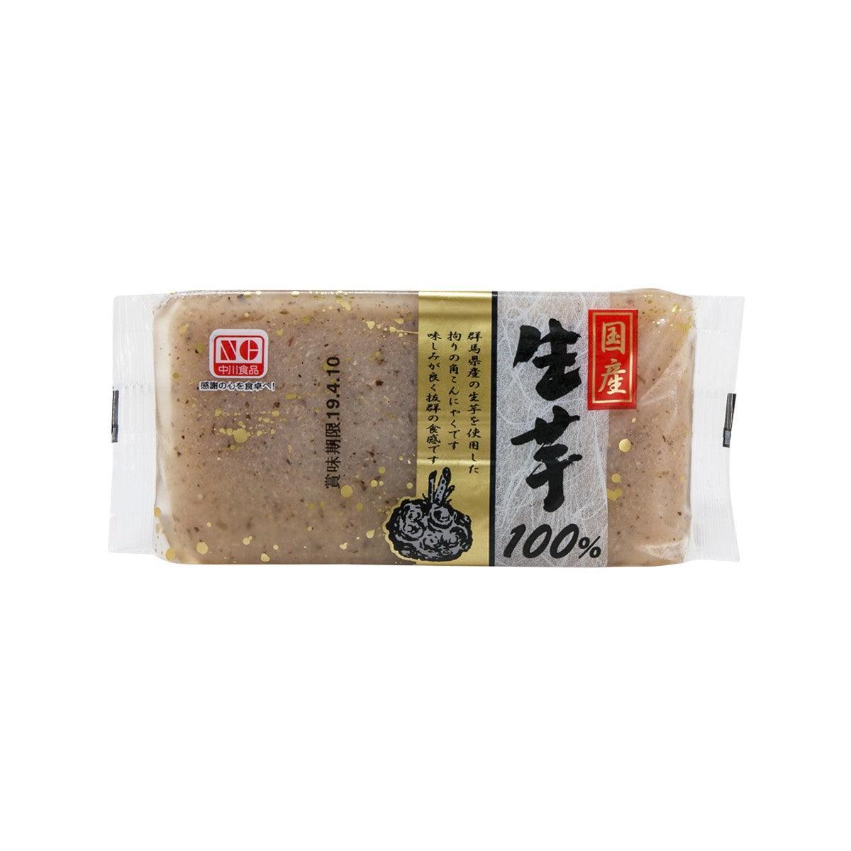 Raw konjac potato block in sealed clear pouch, speckled beige texture, 250 g