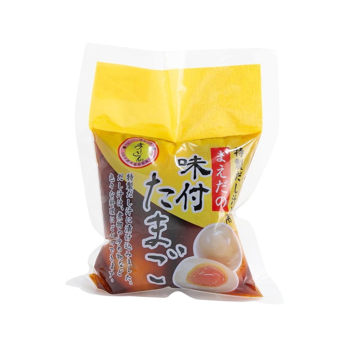 MAEDAKEIRAN seasoned soft-boiled egg 3-pack, sealed pouch with egg illustration