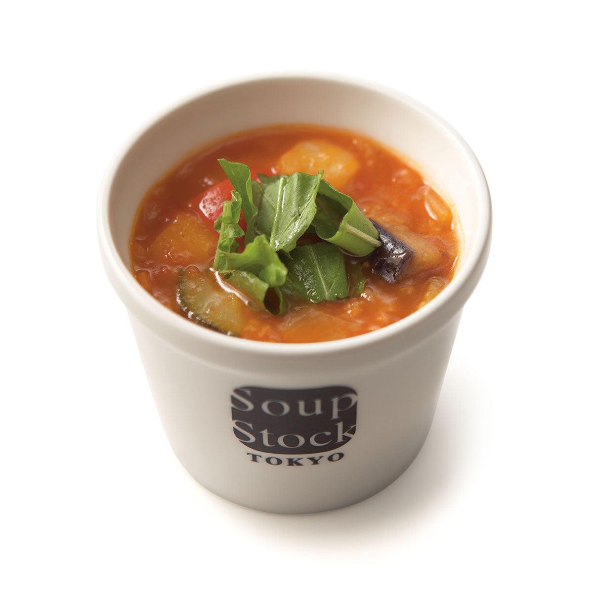 SOUPSTOCK TOKYO minestrone soup in white cup, tomato broth with vegetables