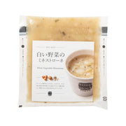 White vegetable minestrone soup pouch with serving label and cup illustration