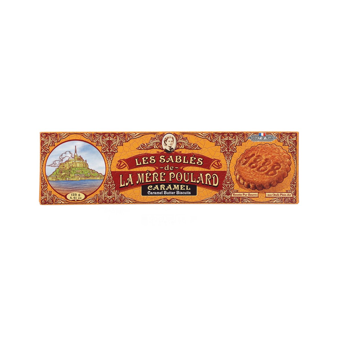 Caramel butter shortbread biscuits box with decorative label and caramel illustration.