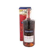 Martell VSOP Cognac bottle with amber liquid, blue cap, and red boxed packaging