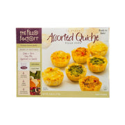 Frozen assorted quiche fillo cups, box with baked quiche cups shown