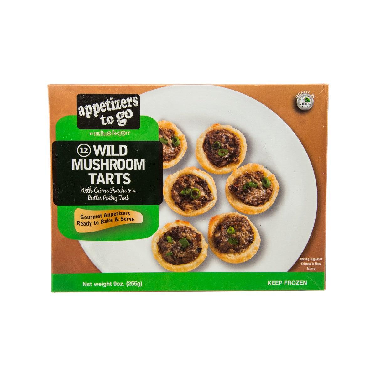 Boxed frozen wild mushroom tarts, 255g; shows 12 tart pieces
