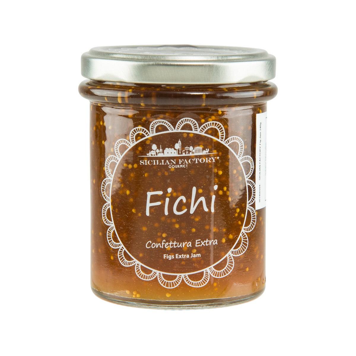 SICILIAN FACTORY fig jam jar with front label, 240g, fig pieces visible