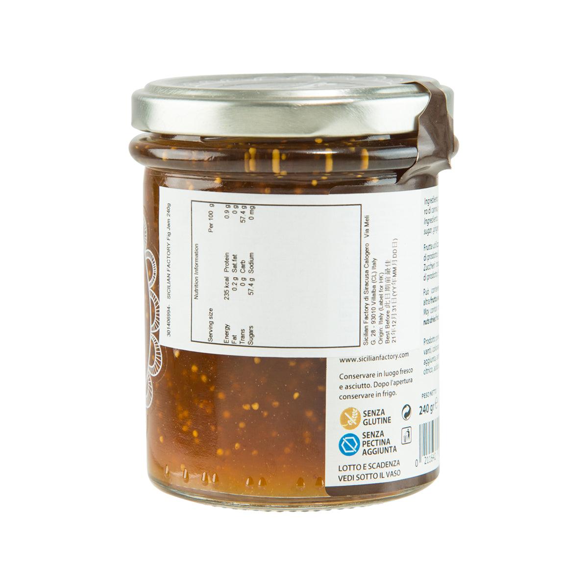 SICILIAN FACTORY fig jam 240g jar with barcode and certification icons