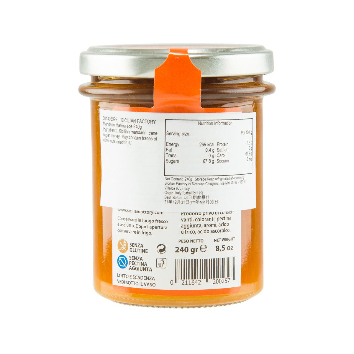 Mandarin marmalade jar back label with nutrition info, 240 g glass jar
