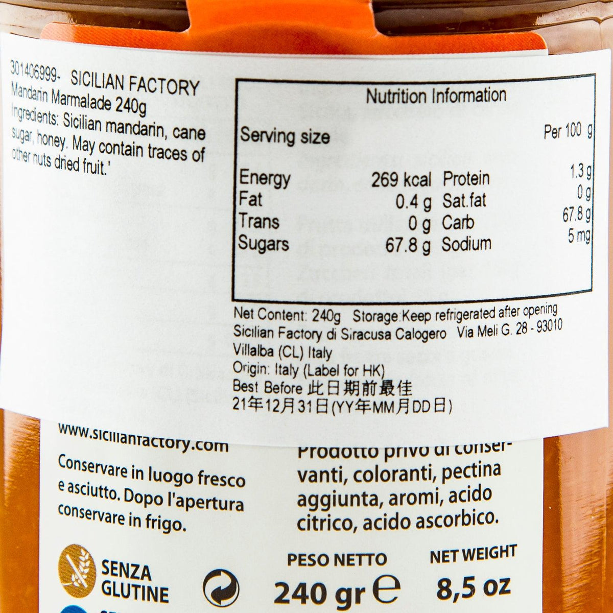 Close-up of Mandarin marmalade nutrition label on Sicilian Factory 240 g jar