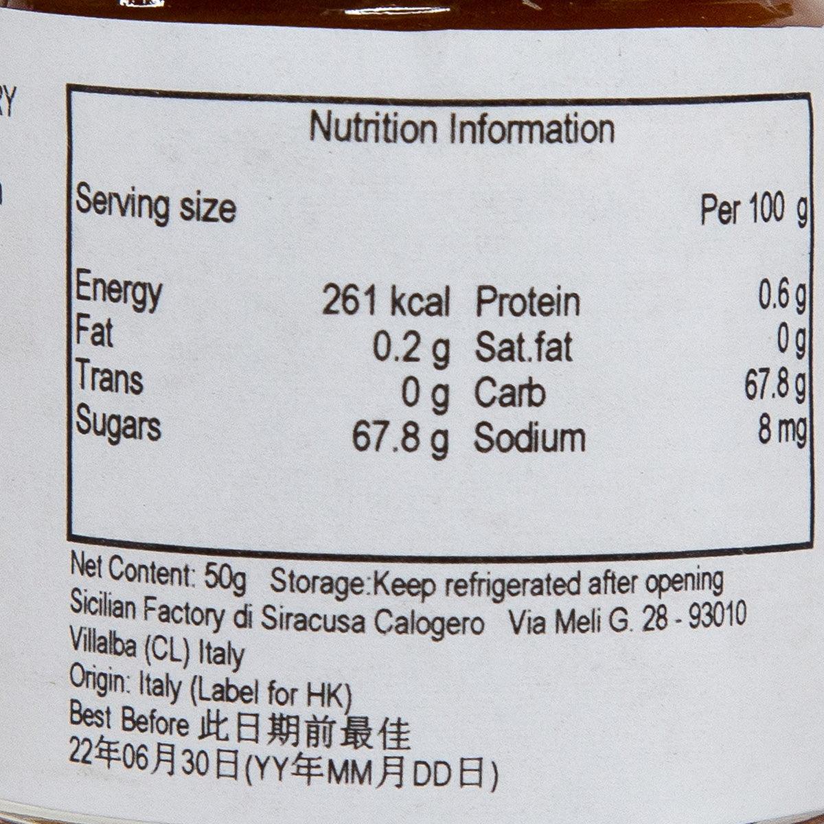Nutrition information panel on blood orange marmalade label