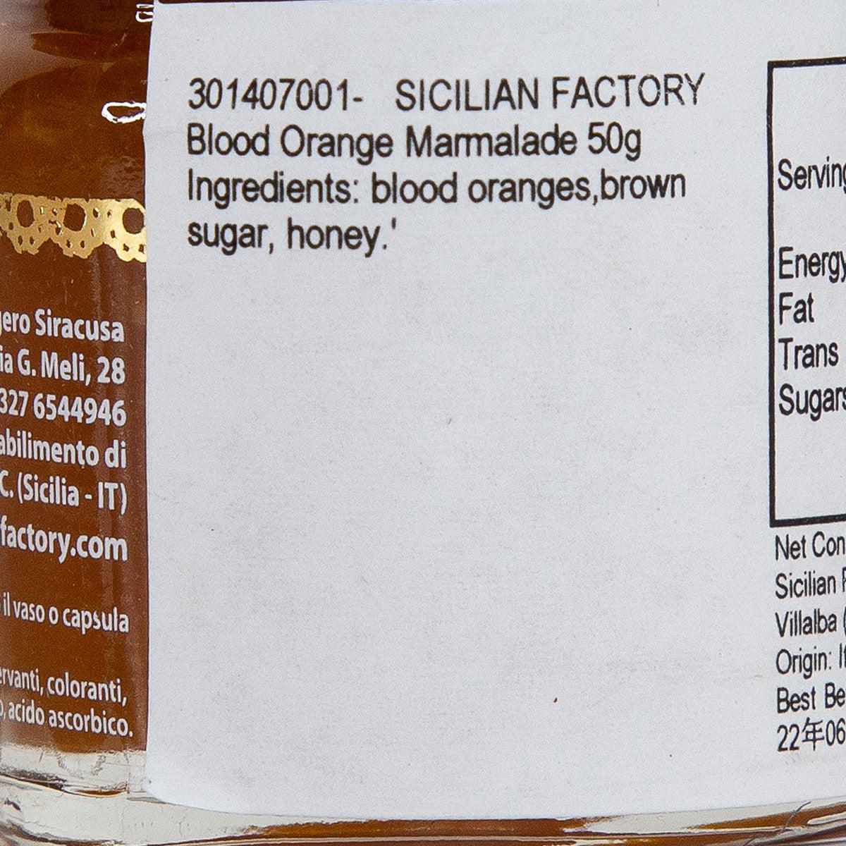 Ingredients label on SICILIAN FACTORY blood orange marmalade jar, 50g