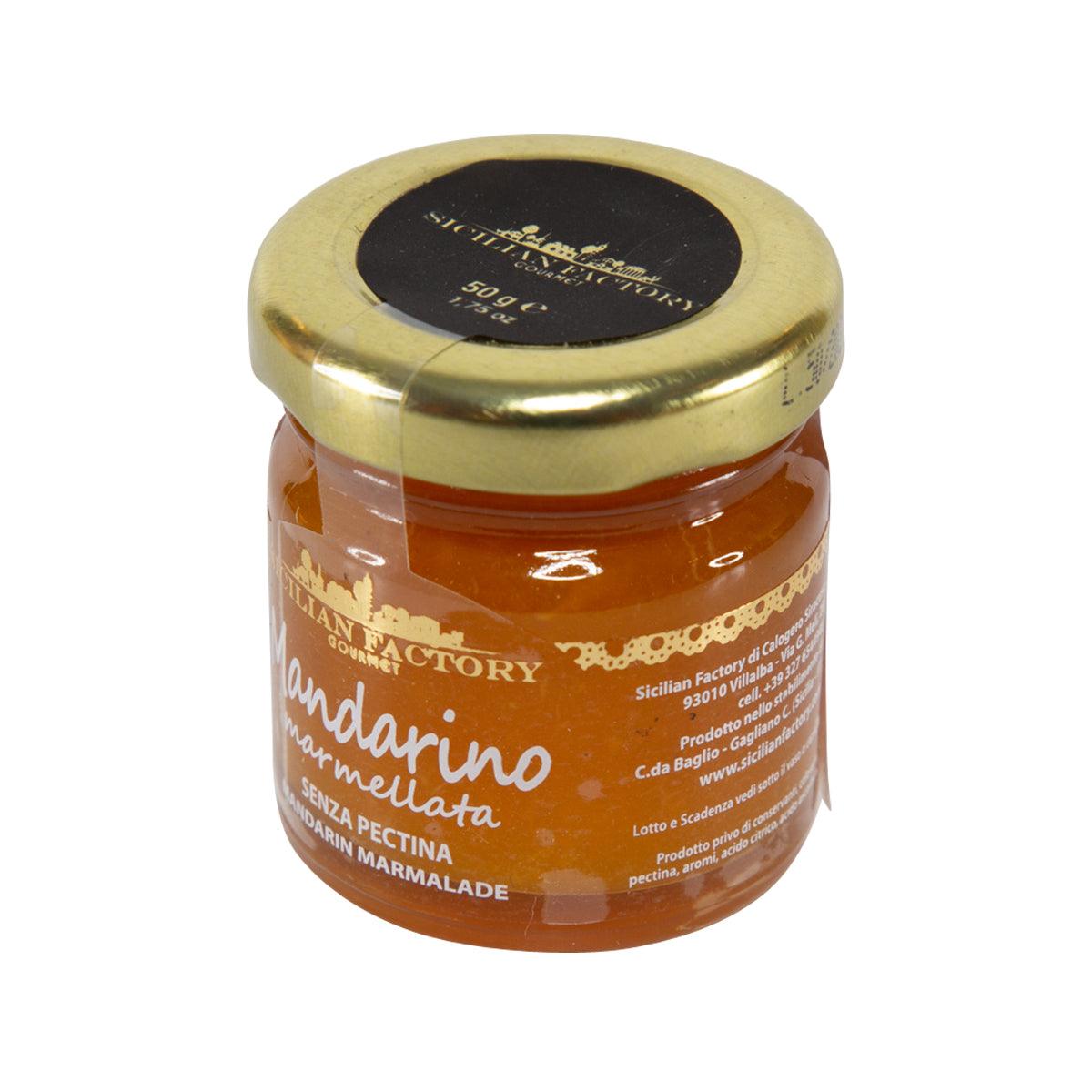 Mandarin marmalade jar with gold lid and amber orange jam, label text on front.