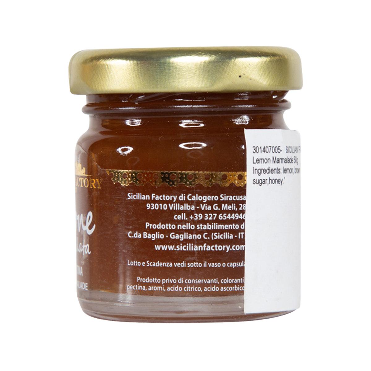 Lemon marmalade jar back label with ingredients and address text