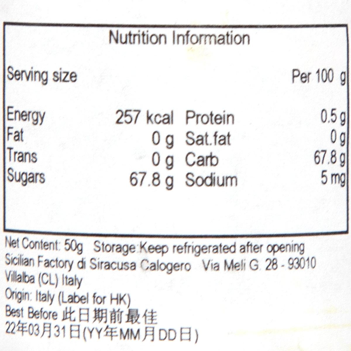 Nutrition information label for lemon marmalade with per-100g energy and nutrients