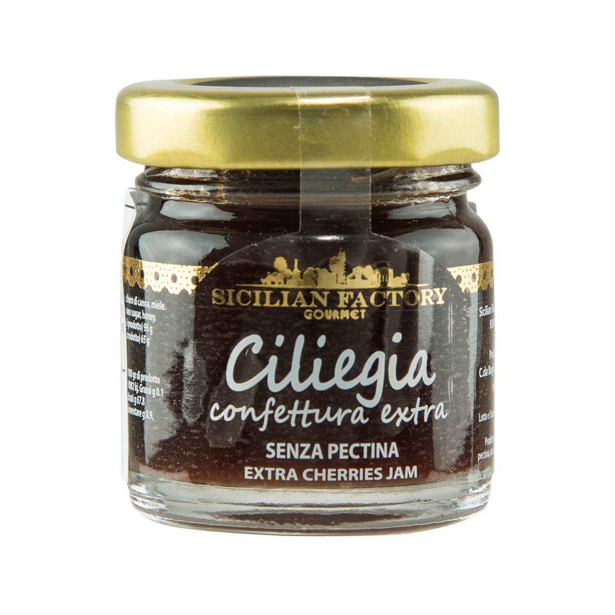 Extra cherry jam jar with gold lid and dark cherry label