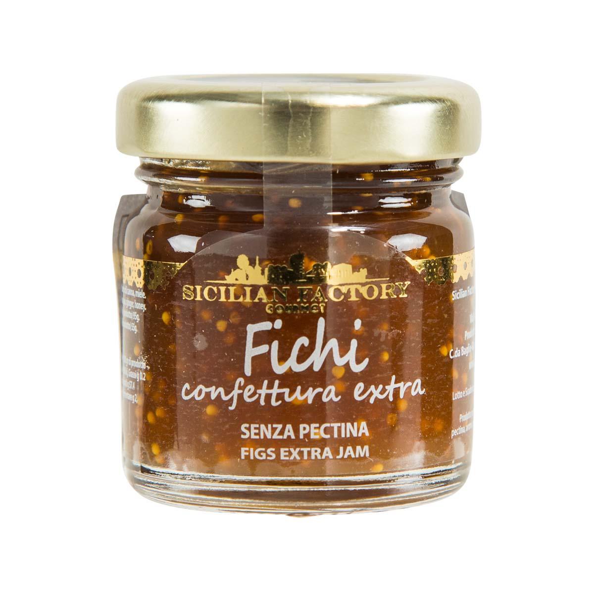 Figs extra jam jar with golden-brown preserves and gold lid, SICILIAN FACTORY