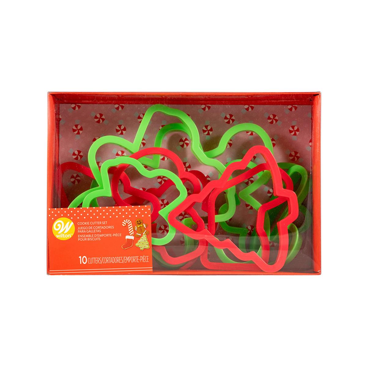 Christmas plastic cookie cutter set, 10 pieces, colorful green and red shapes