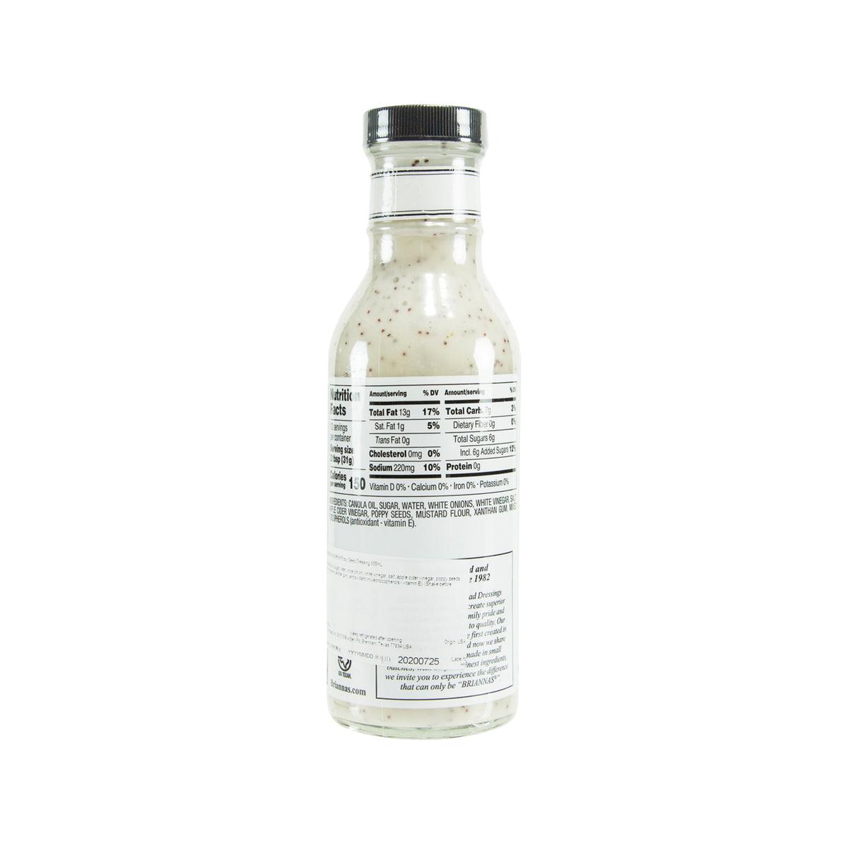 BRIANNA'S Rich Poppy Seed Dressing bottle back label on clear glass, 355 mL.