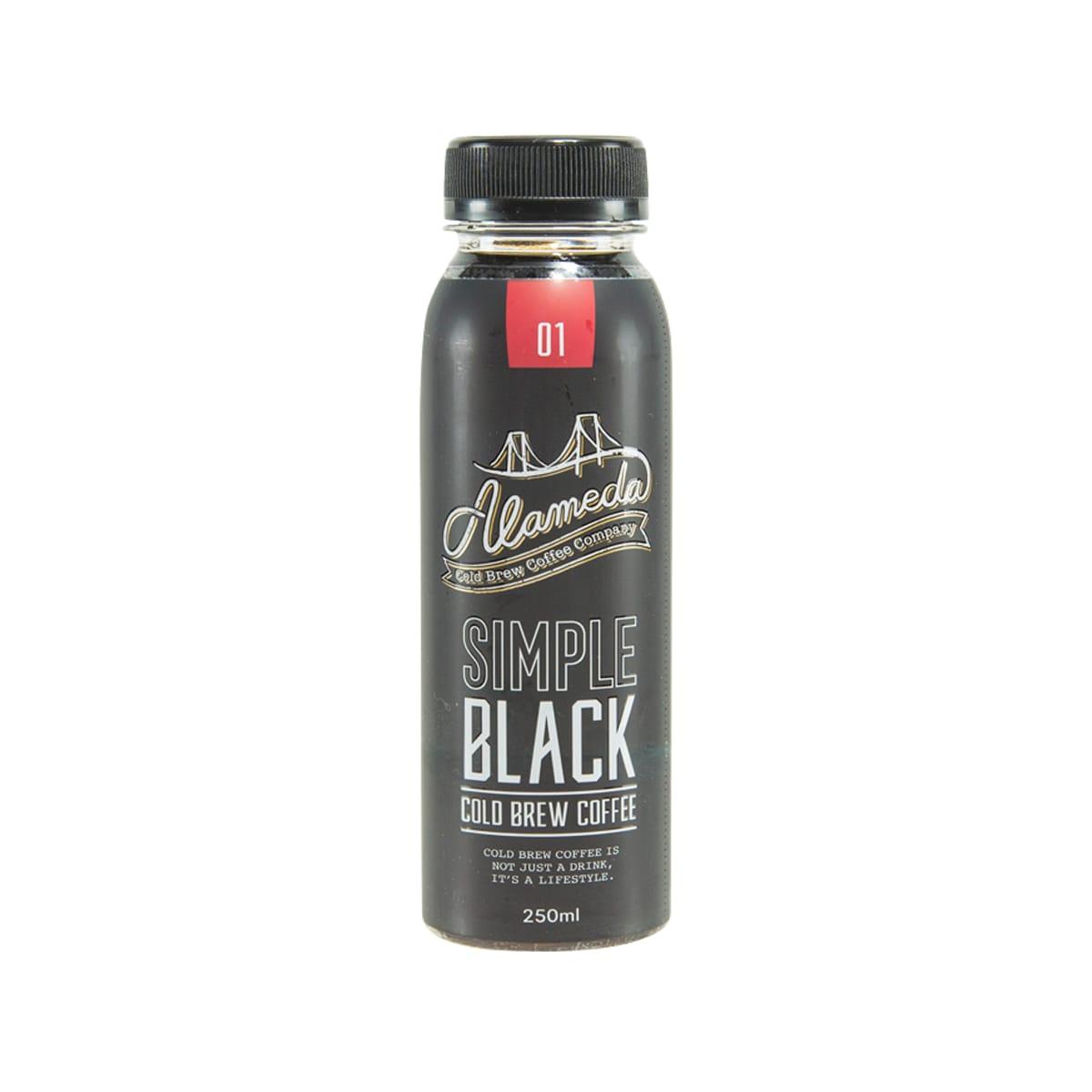 ALAMEDA Simple Black cold brew coffee bottle, dark glass, black cap, label