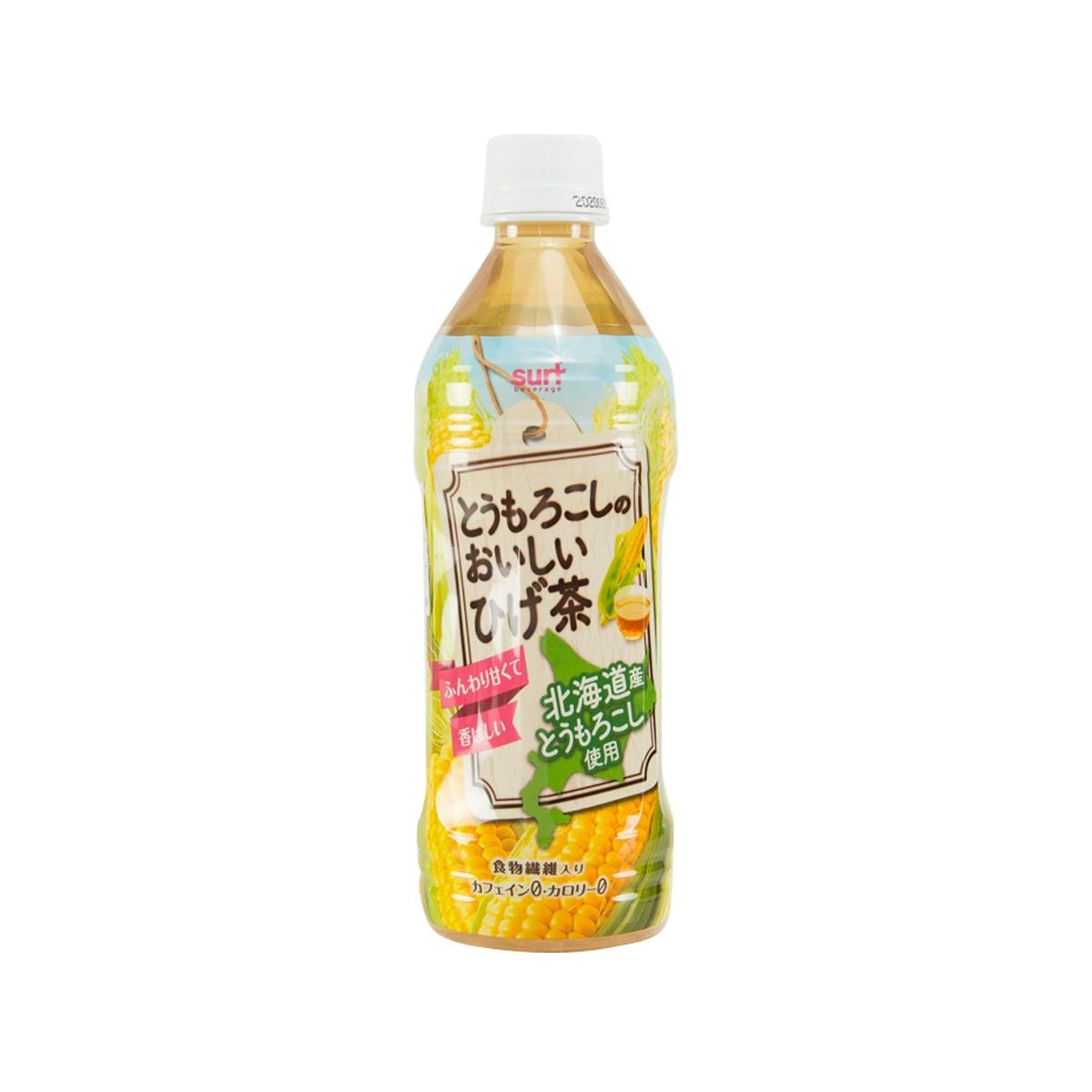 SURF corn silk tea beverage bottle, 500 mL, clear amber liquid in PET bottle