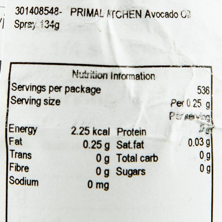 Avocado oil cooking spray nutrition information panel with servings and calories