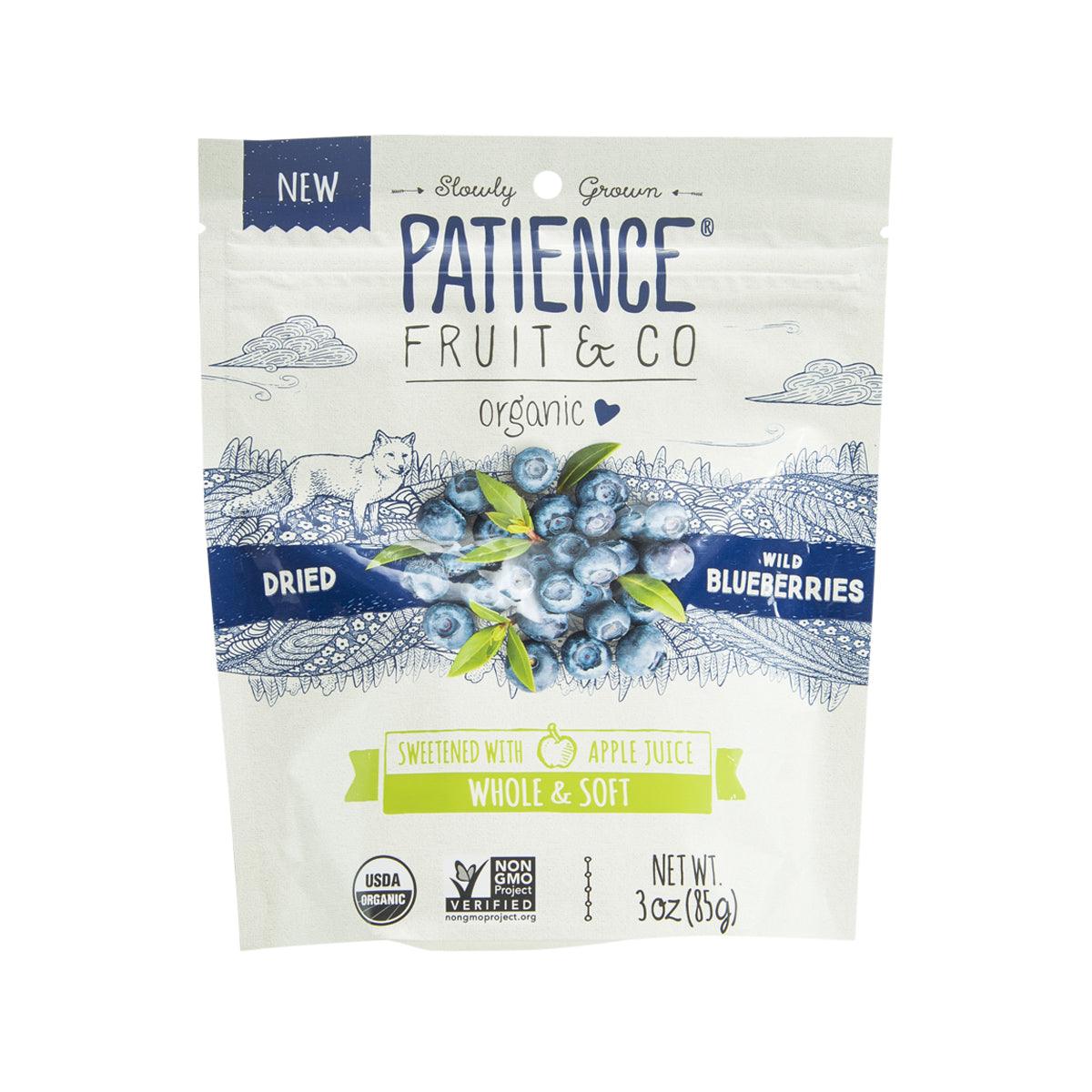 Organic dried whole wild blueberries bag (85g), with berry illustrations