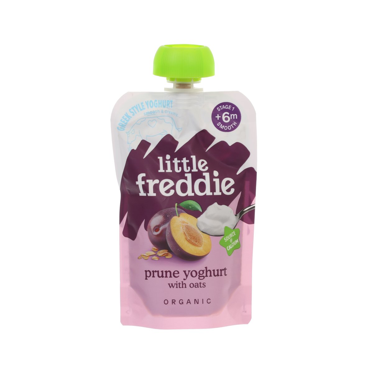 Little Freddie prune yogurt with oats pouch, organic, 100g, green flip-top cap