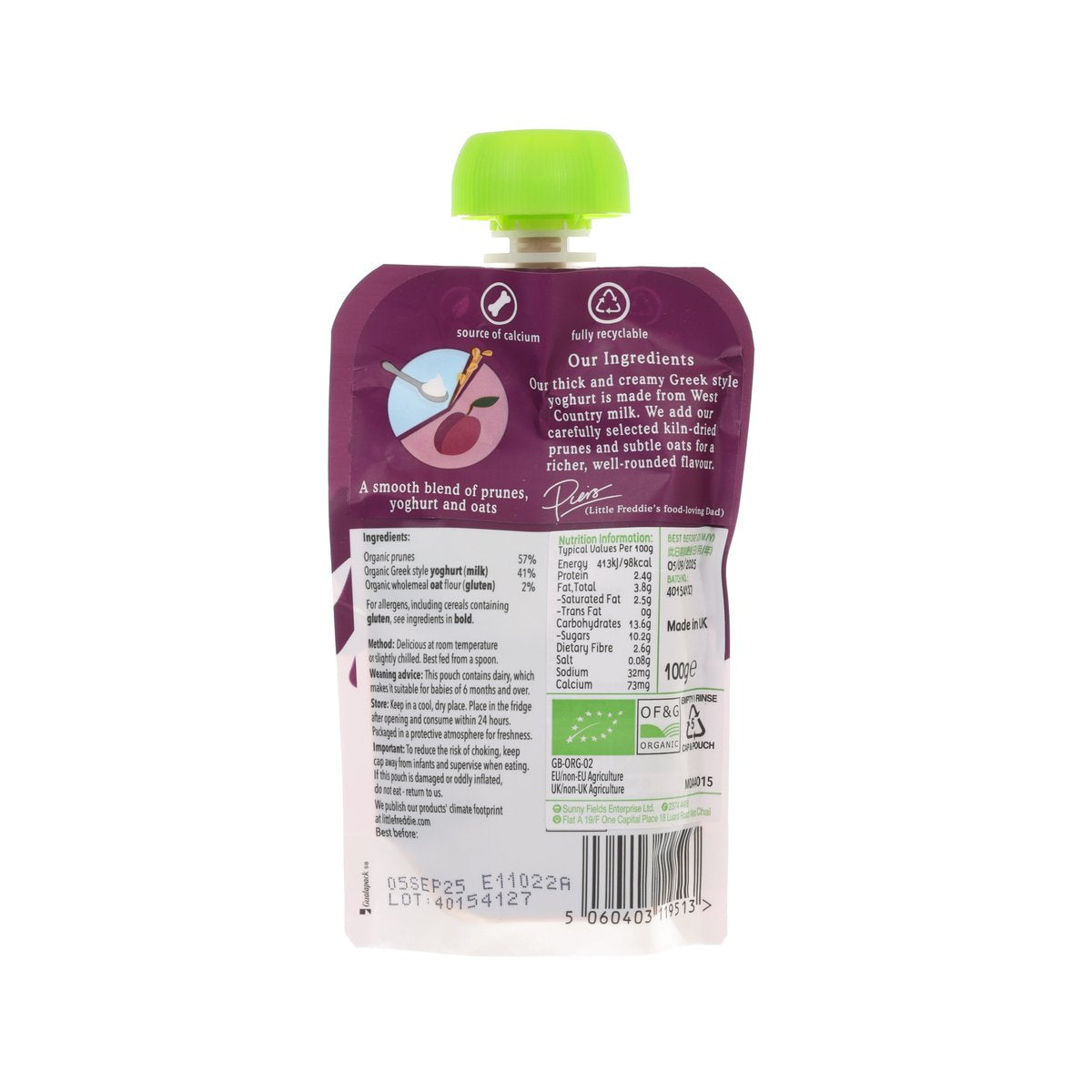 Little Freddie prune yogurt with oats pouch back label, green flip-top cap