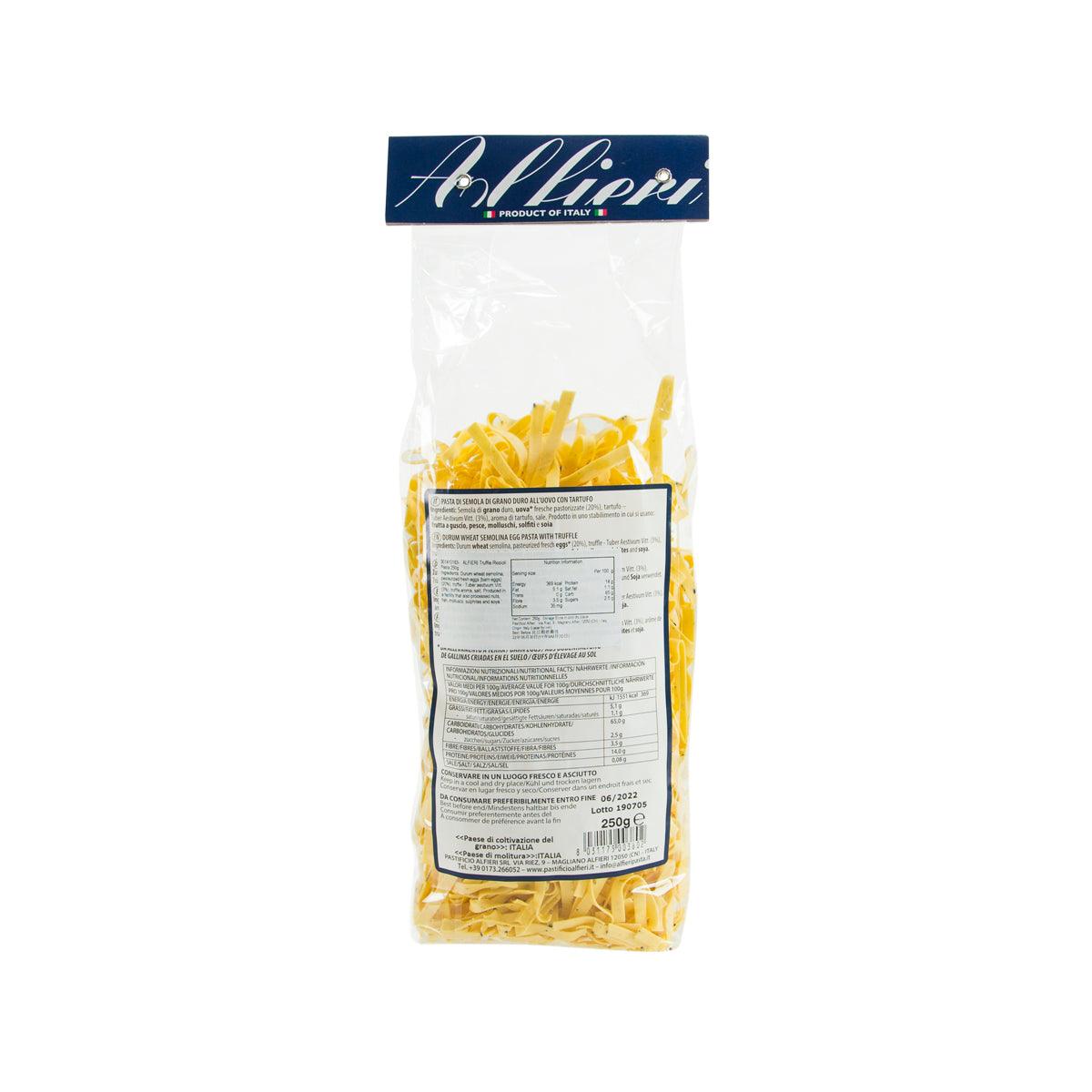 Truffle riccioli pasta in sealed bag with back label and barcode, 250g