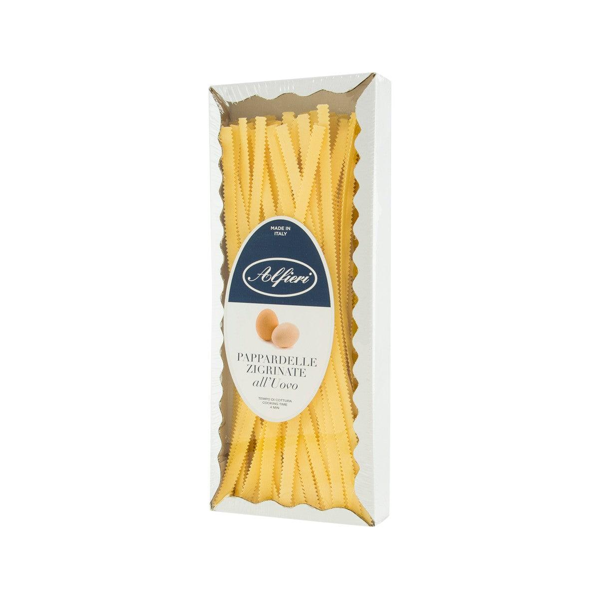 ALFIERI pappardelle zigrinate egg pasta pouch, yellow ridged ribbons, side view