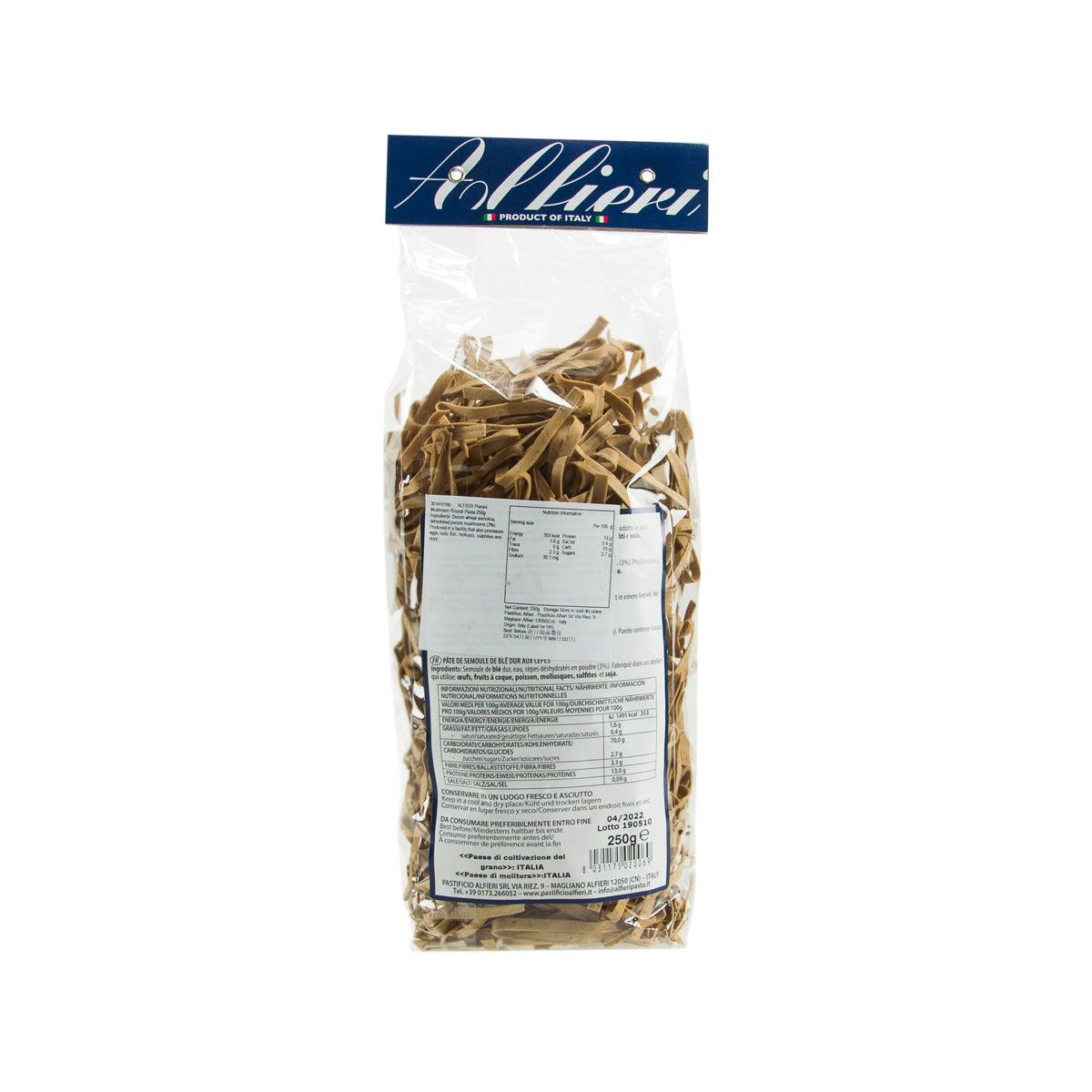 Riccioli ai Porcini pasta bag with nutrition label and bar code, 250g