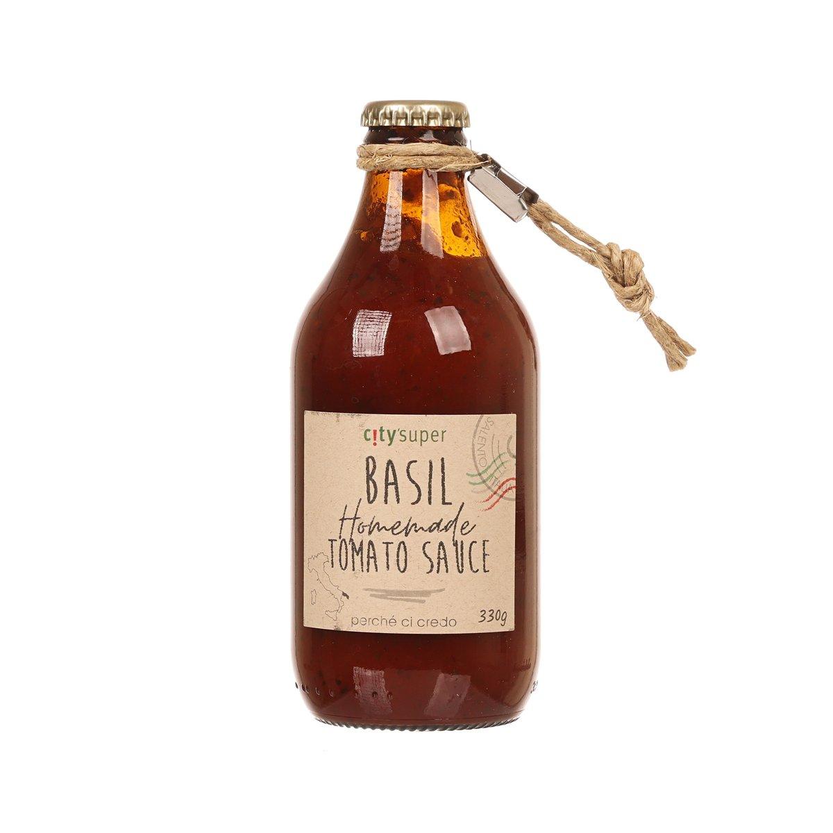 Homemade tomato sauce with basil, 330g glass bottle with cork and rope tie.