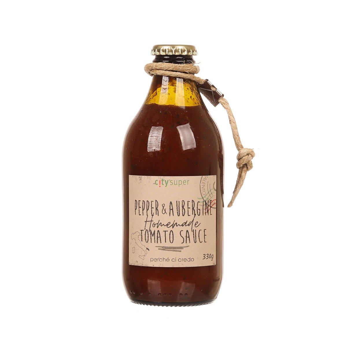 Homemade tomato sauce bottle with peppers and aubergines, 330g, glass jar