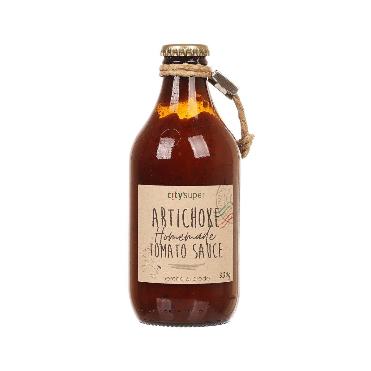 Bottle of homemade tomato sauce with artichokes, brown glass, CITYSUPER label