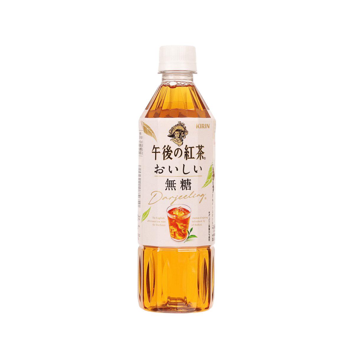 KIRIN no-sugar black tea PET bottle, amber liquid, white cap, 500 mL