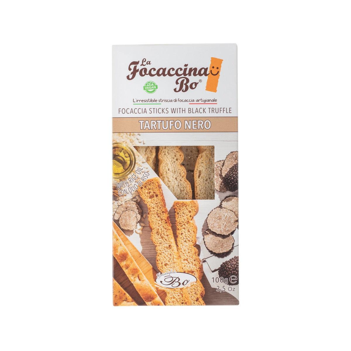 LA Focaccina Bo black truffle focaccia sticks, front package, 100g
