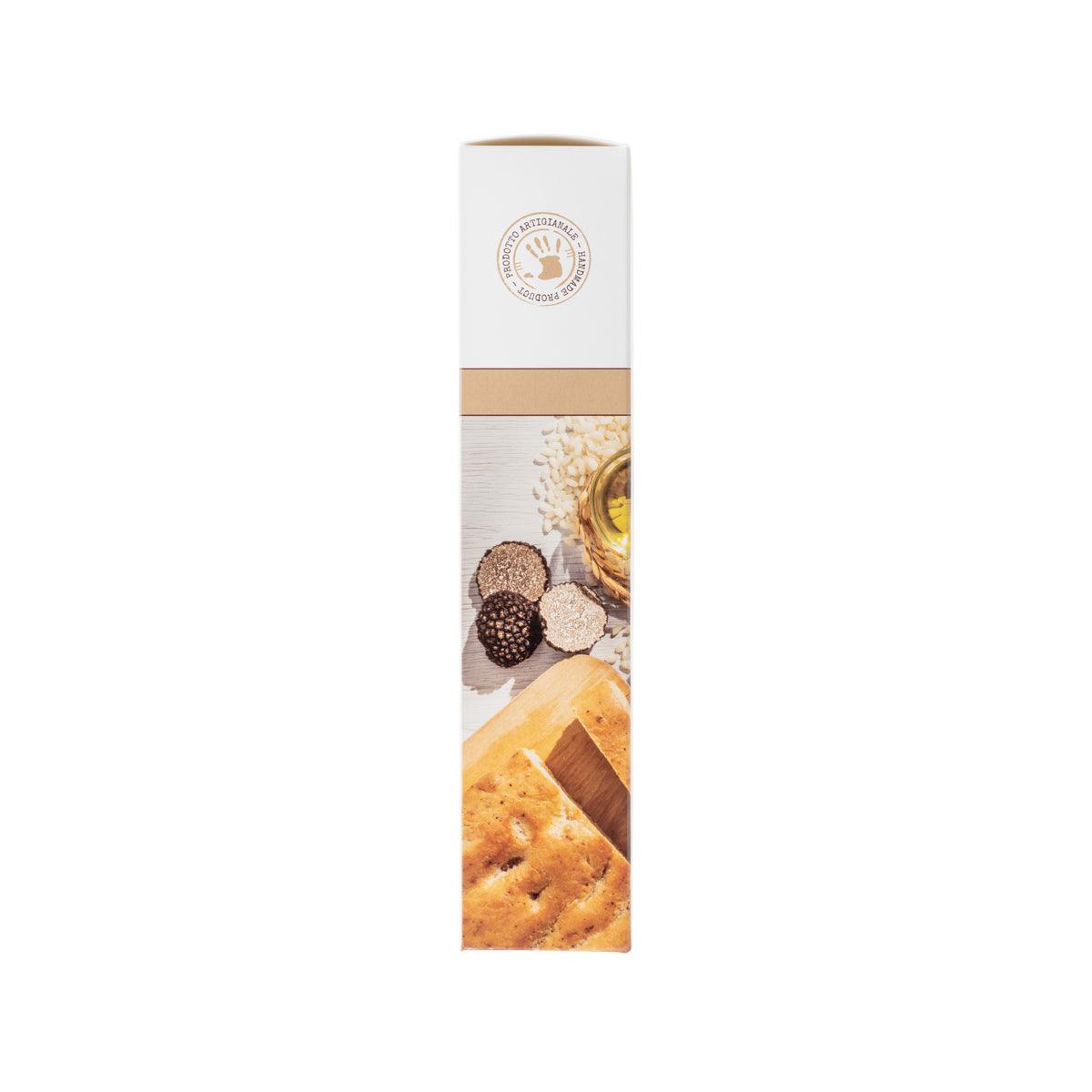 LA Focaccina Bo black truffle focaccia sticks, side package panel