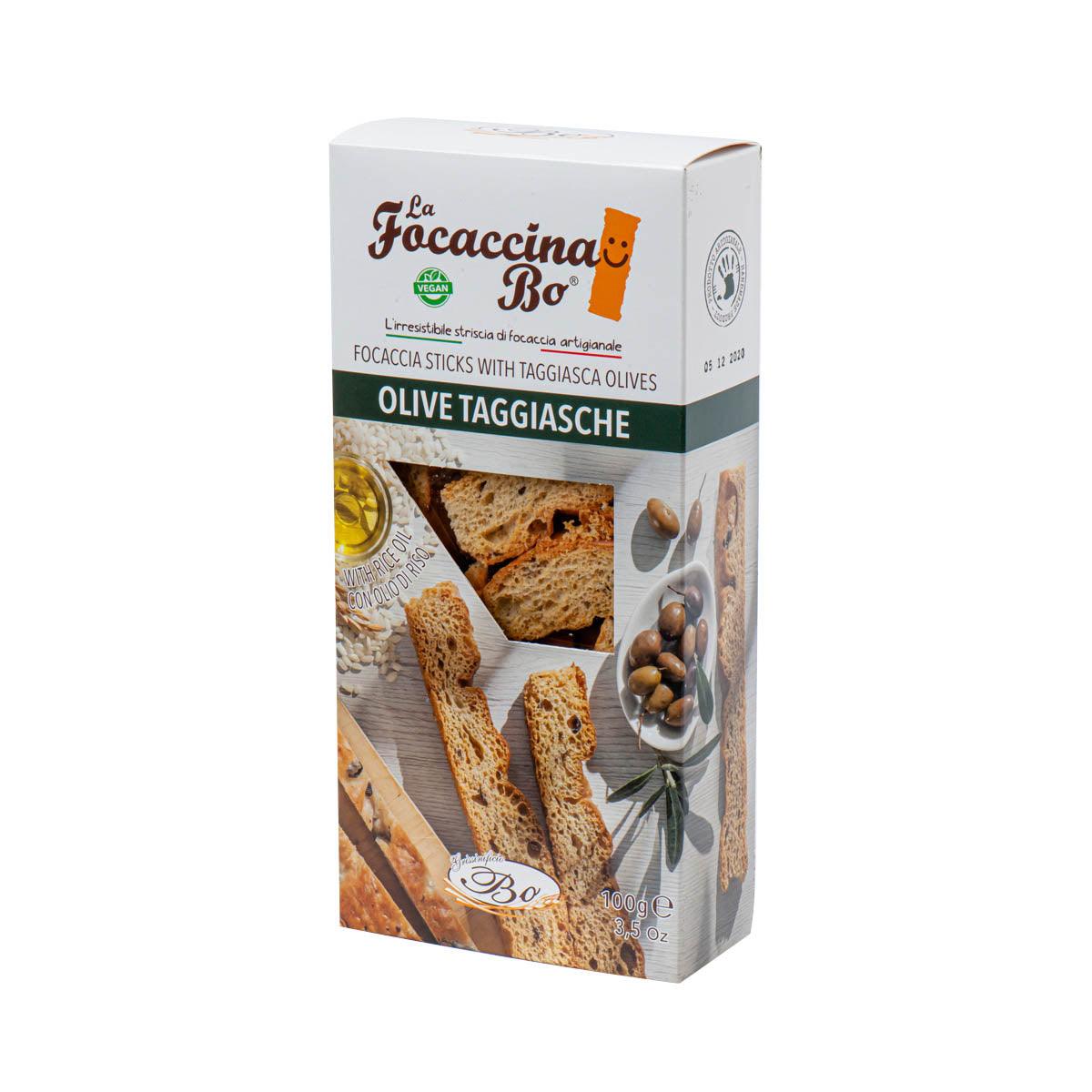 Focaccia sticks with Taggiasca olives, La Focaccina Bo package end panel