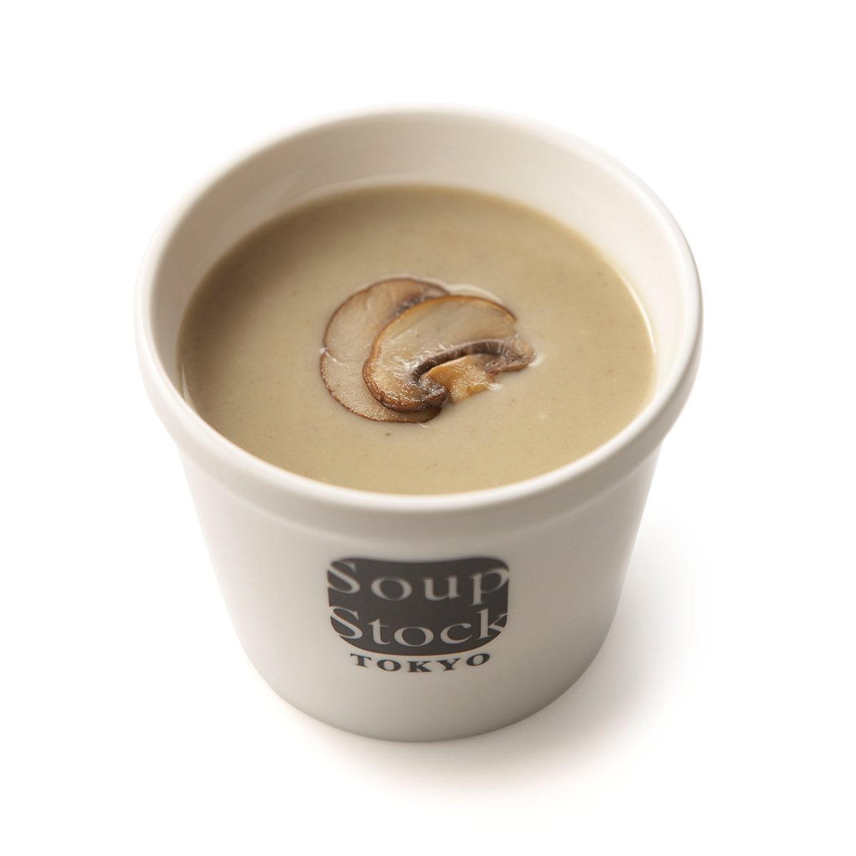 SoupStock TOKYO mushroom potage in white cup with mushroom slice