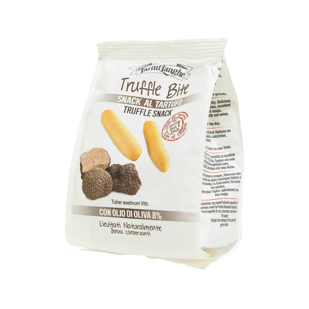 Mini truffle bite breadsticks snack bag, side view showing truffle and breadstick graphics