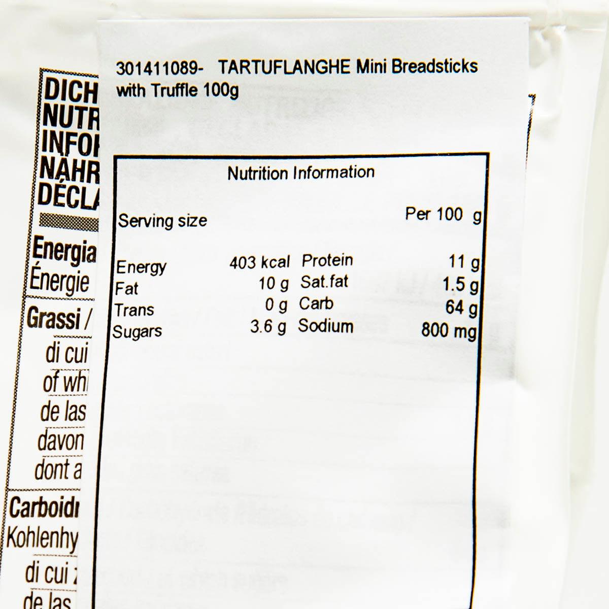 Nutrition information panel for mini truffle breadsticks, serving size per 100 g